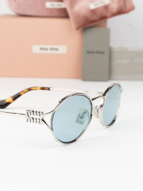 Miu Miu Women Sunglasses LOGO Silver Blue Oval MU52YS 1BC20R NEW AUTHENTIC main image 3